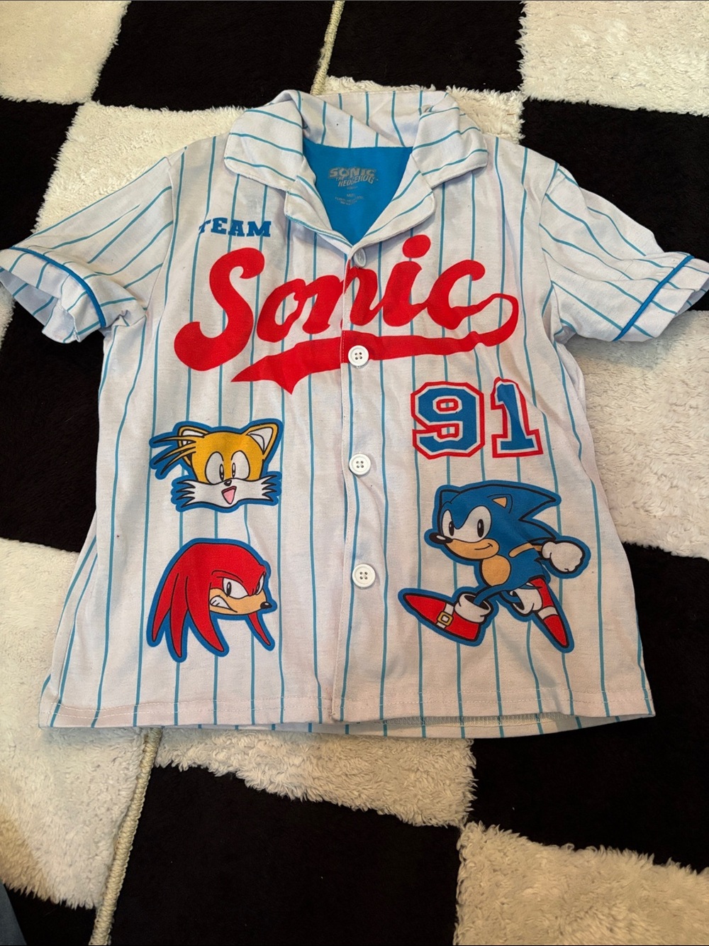 Sonic Team Kids' Short Sleeve Button Shirt - White/Blue with Red Accents